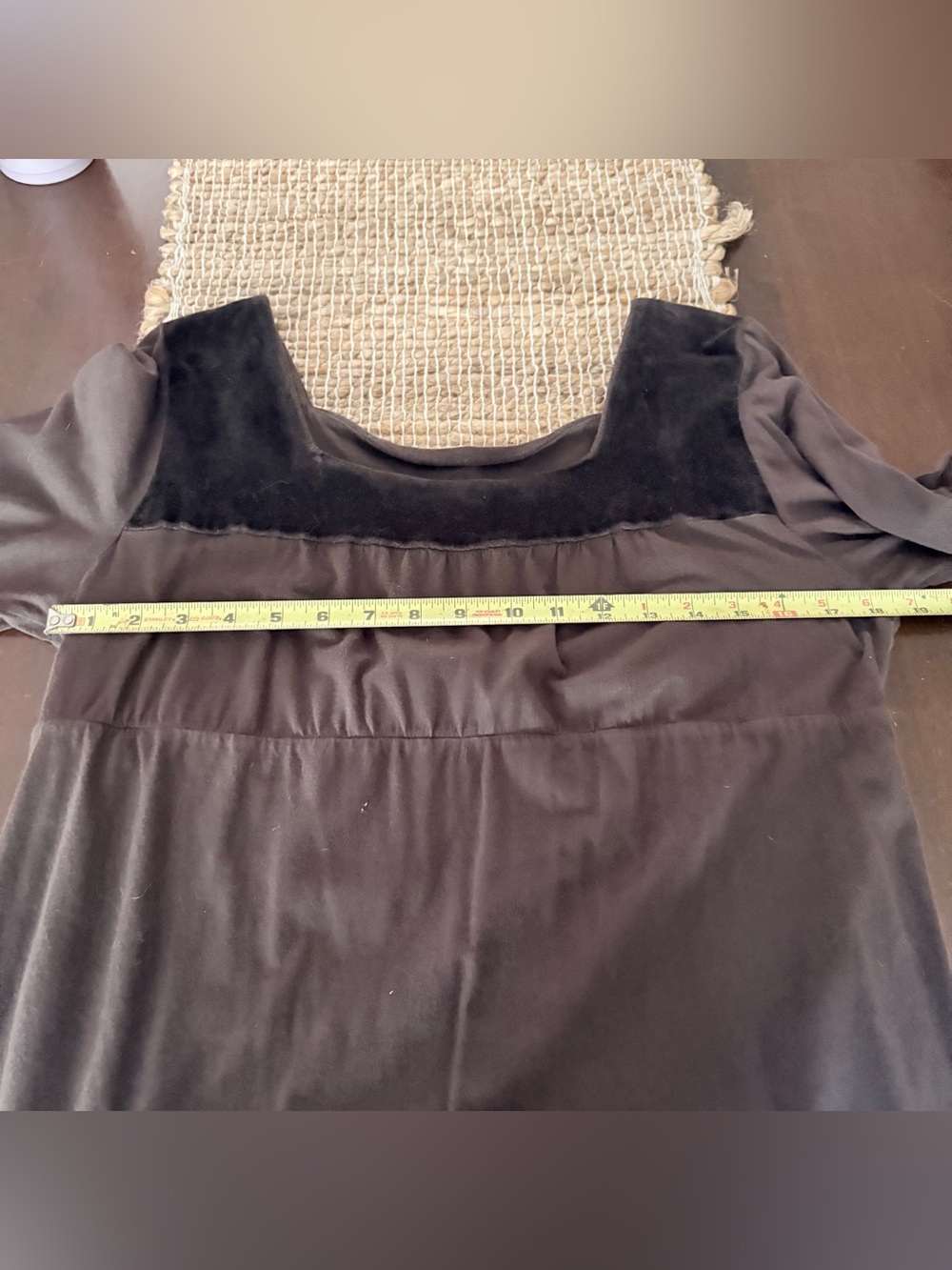 Prana Dark Brown 100% Cotton Midi Dress with velvet trim. 3/4 sleeve EUC XL - Picture 11 of 12